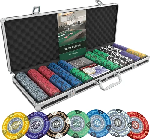 Vista 9 de Bullets Playing Cards Juego de póquer Carmela 300 fichas de póquer de arcilla (0.49 oz) con caja de aluminio, naipes de plástico y dados – Texas