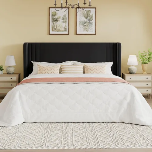 Vista 77 de SHA CERLIN Base de cama tapizada de terciopelo de tamaño matrimonial con cabecera de ala capitonada de canal vertical, soporte de listones