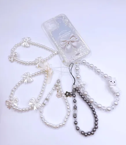 Vista 4 de Correa de muñeca con cordón para teléfono celular, con cuentas con lazo y perlas hechas a mano, llavero de cadena para mujeres y niñas