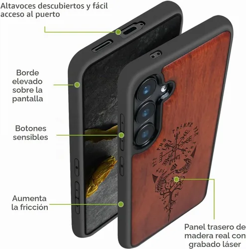 Vista 6 de Carveit Funda de madera para Galaxy S24, brújula vikinga, rosa Viking-Rosy