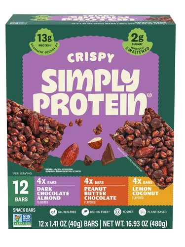 Vista 16 de SimplyProtein - Barra de proteínas bajas en carbohidratos, paquete de 16, chocolate con mantequilla de maní y chocolate negro y almendra, barras