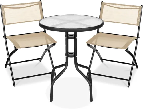 Best Choice Products Juego de muebles de comedor de 3 piezas con mesa de vidrio texturizado, 2 sillas plegables de acero, tela de poliéster, color