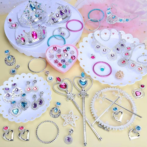 Vista 2 de NINAOR Paquete de 56 joyas de princesa para niñas, accesorios de vestir de princesa, joyas de juego para niñas, incluye corona, varita, collar