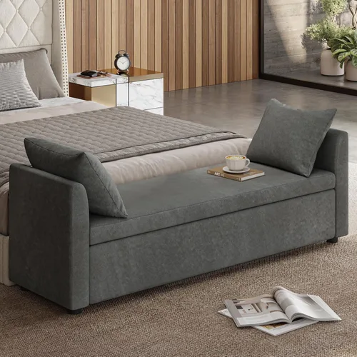 Vista 11 de Banco otomano moderno de almacenamiento de 59.5 pulgadas, banco de extremo de cama con almohadas y brazos, taburete reposapiés para sala de estar