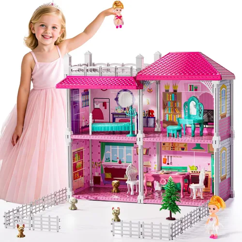 Vista 9 de JUKUDAHU Pink Villa Playset para niñas de 3 a 7 años, casa de 2 pisos y 4 habitaciones con 2 muñecas, muebles y accesorios, juego