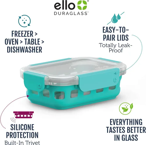 Vista 2 de Ello Duraglass - Recipiente de vidrio para preparación de comidas, 1.75 tazas, con funda de silicona y tapa de plástico hermética sin BPA, apto