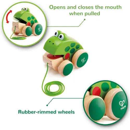 Vista 5 de Hape Frog Pull-Along Wooden Frog Fly Eating Pull Toddler Toy, Bright