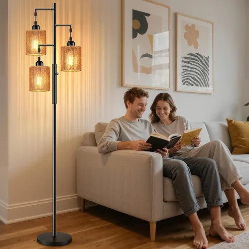 Vista 6 de Hotsonic 72" Tall Boho Rattan Style Floor Lamp with Hand-Woven Paper Cord Shade, Dimmable Industrial Tree Standing Lamp for Living Room, Bedroom