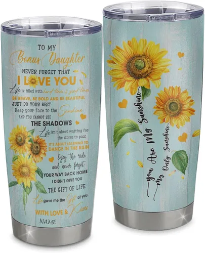 Vista 22 de Vaso de acero inoxidable personalizado con texto en inglés «To My Bonus Daughter From Stepmom», vaso curvado de 20 onzas con diseño de girasol