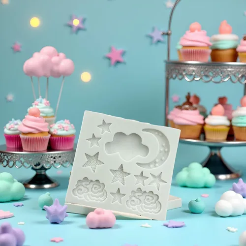 Vista 5 de 1 molde de silicona para fondant de estrella, luna, nube, moldes de chocolate con caramelo para decoración de galletas de fondant de pastel