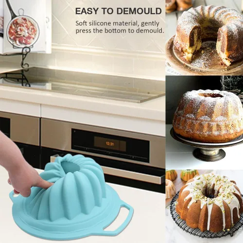 Vista 6 de Molde de silicona de gran tamaño con asa, molde para hornear estriado de silicona, molde para hornear fácil de limpiar, ideal para pasteles