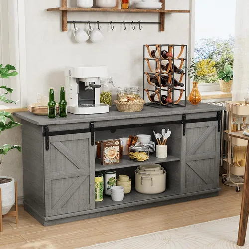 Vista 8 de Shahoo Aparador de estilo rústico para bufé, almacenamiento de barra de café con puertas corredizas de granero, estante para el comedor del hogar