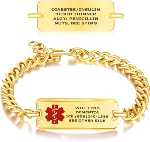 Vista 8 de Divoti Pulsera de Alerta de Identificación Médica Grabada Personalizada, Condiciones Personalizadas de 4 Líneas Cadena de Cuerda de Acero