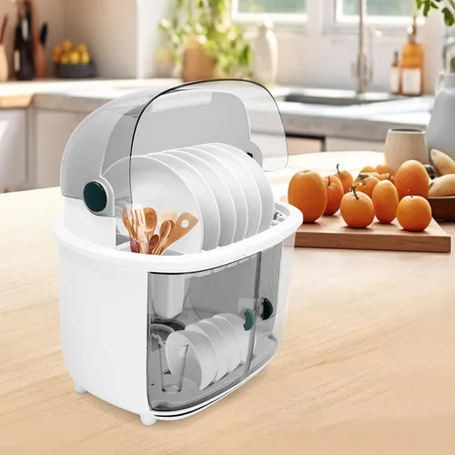 Vista 8 de Escurridor de platos de plástico, escurridor de platos de 2 niveles para encimera de cocina, estante de secado de platos de cocina con drenaje, tapa