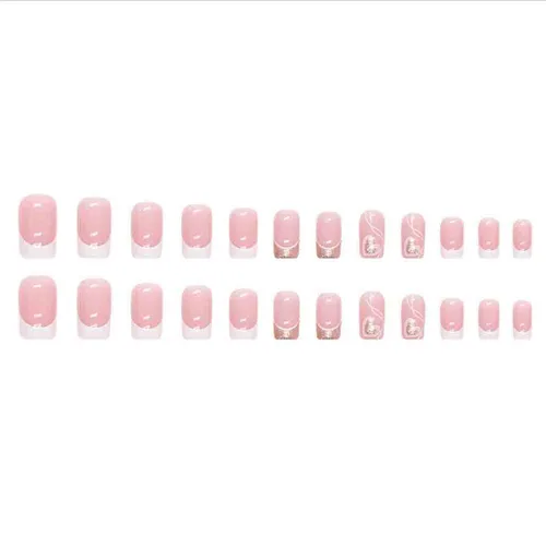 Vista 4 de Foccna Uñas postizas a presión con punta francesa, uñas postizas medianas con diseño de amor, cuadradas, brillantes, color blanco brillante