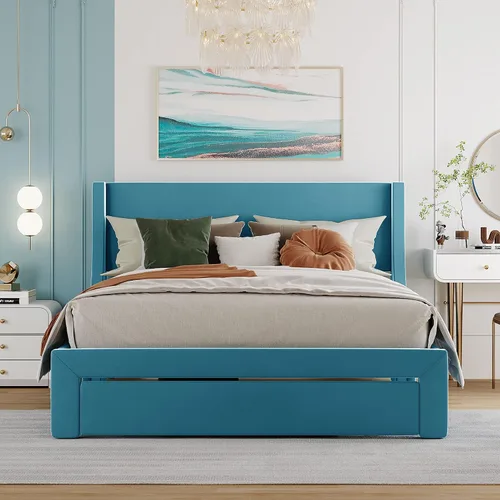 Vista 27 de Cama de plataforma tapizada de tamaño matrimonial con cabecera de terciopelo con patrón de flores, con marco de cama de soporte de listones de Pasta