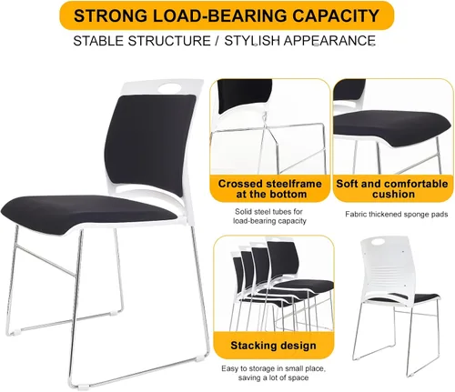 Vista 4 de Juego de sillas apilables negras apilables para oficina en casa, con asiento y respaldo acolchados, sillas de vestíbulo, sala de espera, silla
