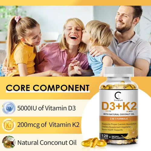 Vista 5 de Suplemento de vitamina D3 K2 con vitamina D3 5000 UI, 200 mcg de vitamina K2 MK-7 y aceite de coco natural, fórmula 2-1 a base de plantas para apoyo