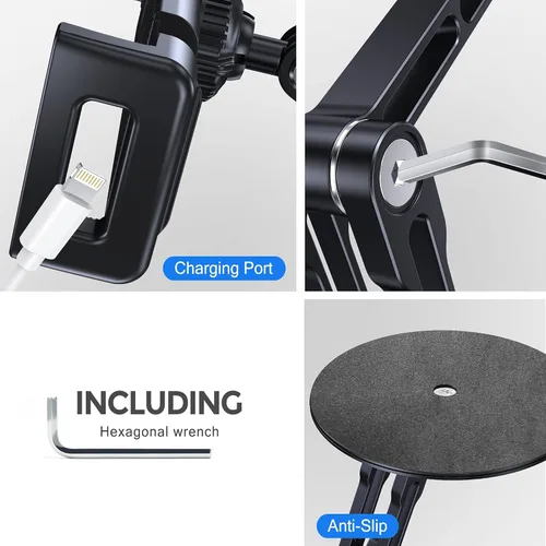 Vista 4 de Soporte para tableta para iPad, ajustable con base giratoria de 360 grados para escritorio, soporte giratorio de aluminio para tableta compatible