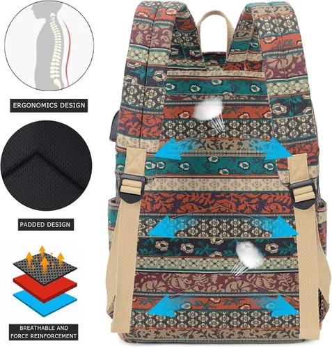 Vista 4 de Mochila bohemia impermeable para laptop con puerto de carga USB e interfaz para auriculares, resistente al agua de 15.6 pulgadas, mochila escolar