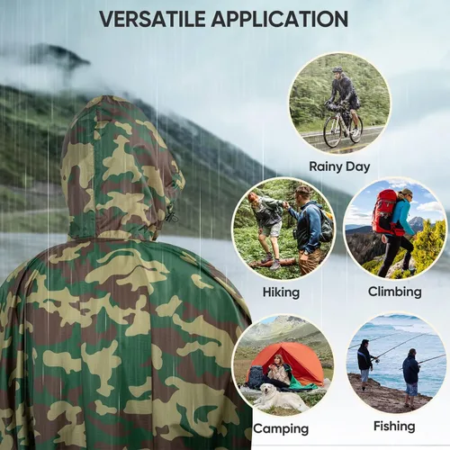 Vista 6 de PTEROMY - Poncho de lluvia con capucha para adultos, con bolsillo, impermeable, ligero, unisex, para senderismo, campamentos, emergencias