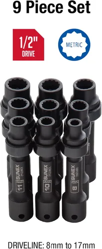 Vista 4 de SUNEX TOOLS 2695, ½ Inch Drive Driveline Limited Clearance Socket Set, 12 puntos, 9 piezas, métrico, 0.315 in-0.669 in, acero Cr-Mo, caja