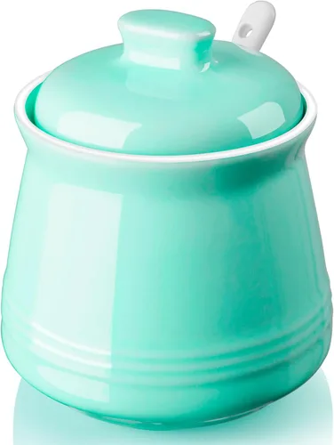 Vista 9 de Azucarera DAYYET con tapa y cuchara, azucarero de cerámica de 12 oz con cuchara, recipiente de azúcar para barra de café, tarro de azúcar con Blanco