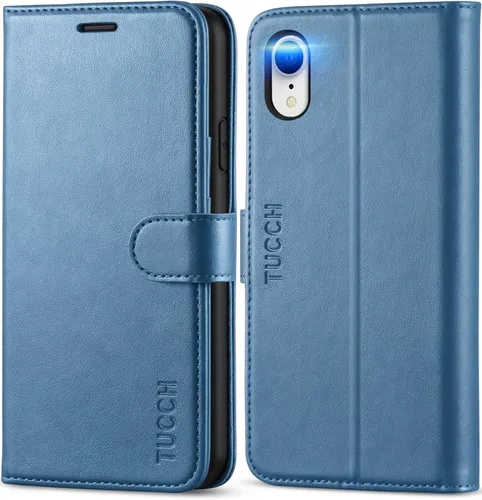 Vista 10 de TUCCH Funda tipo cartera para iPhone XR, función atril con bloqueo RFID, ranura para tarjetas de crédito, de piel sintética, con carga inalámbrica