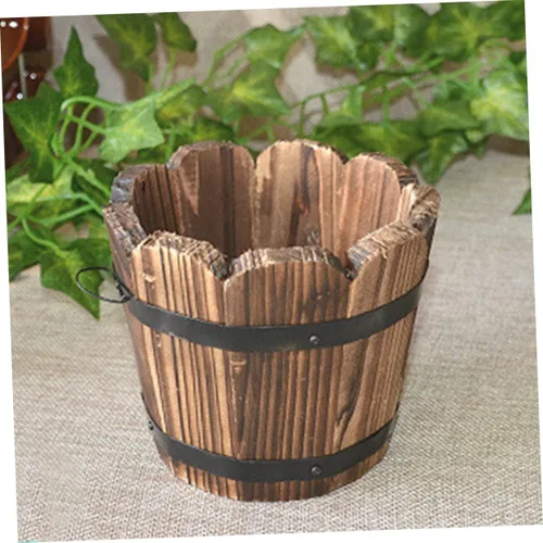 Vista 9 de Yardwe Maceta de madera retro de barril pequeño para decoración al aire libre, maceta de interior, suculentas, flores, decoración de escritorio al