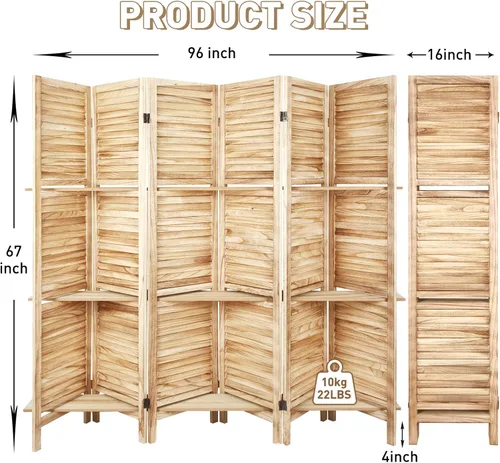 Vista 4 de Babion Divisor de habitación de 6 paneles, divisor de habitación de madera con estantes, separadores de habitación portátiles de 5.6 pies