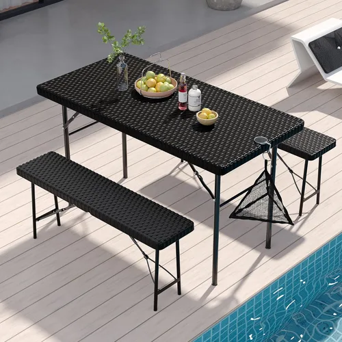 Vista 4 de VECELO Mesa de picnic plegable de 3 piezas con 2 bancos, juego de patio de ratán sintético de 47.2 pulgadas con bolsa de malla, resistente al calor
