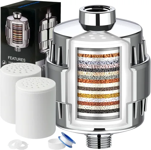 Filtro de ducha, filtro de cabezal de ducha de 20 etapas para agua dura con 2 cartuchos, filtro de agua de ducha de alto rendimiento para eliminar
