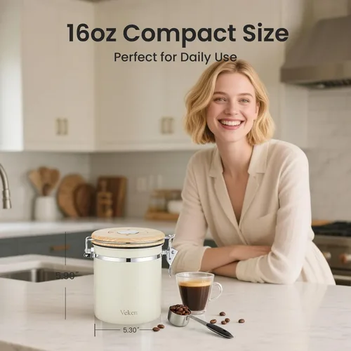 Vista 2 de Veken Recipiente de café, recipiente hermético de acero inoxidable para almacenamiento de alimentos de cocina con rastreador de fecha y cuchara