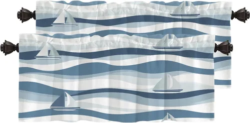Vista 83 de Maritime Ocean Cafe Curtains,Anchors Nautical Art Blackout Tier Curtain Multilayer Polyester Short Kitchen Drapes 2 Pack 26X24 Inches