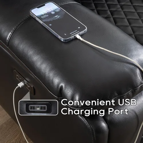 Vista 7 de Juego de 2 sofás reclinables eléctricos con altavoces bajos para sala de estar, sofá reclinable eléctrico de 3 plazas de piel sintética con cargador