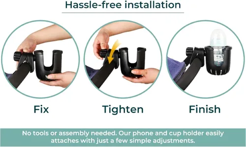 Vista 2 de Universal, cochecito, resistente, soporte para taza y teléfono celular, todo negro, 2 en 1, para carros, andadores, sillas de ruedas, rodillo