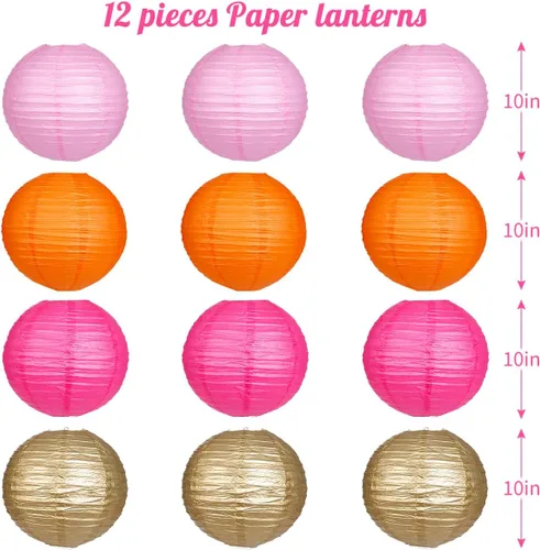 Vista 2 de Linternas de papel rosa naranja oro redondas colgantes chinas para decoración de fiesta de cumpleaños, baby shower, despedida de soltera. Paquete