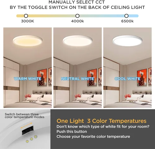 Vista 2 de ocioc Lámpara de techo LED de montaje empotrado de 15.7 pulgadas, 24 W, 2400 lúmenes, regulable, 3000 K/4000 K/6500 K seleccionable, accesorio