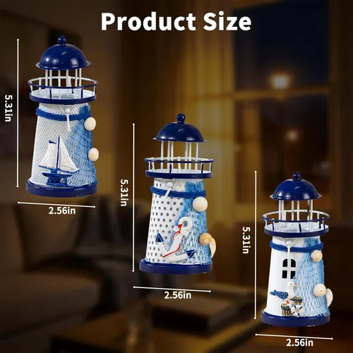Vista 2 de Set of 3 Mediterranean Style Tin Lighthouse Candle Holders - Blue & White Nautical Lighthouse Decor with Seagull,Sailboat & Anchor Designs,Coastal