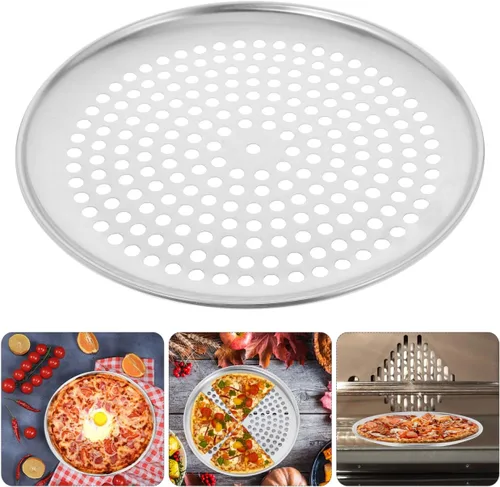 Vista 8 de Zerodeko Bandeja de pizza de acero inoxidable, bandeja redonda perforada para pizza, bandeja para hornear pizza, bandeja para servir pizza