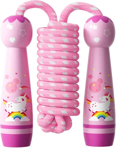 Vista 13 de Cuerda de saltar para niños, cuerda de saltar trenzada de algodón ajustable con mango de madera para niños pequeños, fitness, entrenamiento