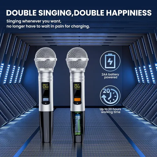 Vista 6 de RHM Máquina de karaoke K888 con sonidos potentes y claros, 2 micrófonos inalámbricos y ajuste de eco, agudos y bajos, 8 horas de reproducción