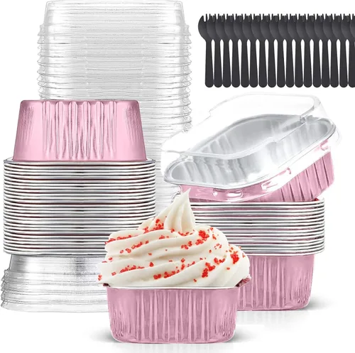 Vista 10 de Findful - Juego de 40 moldes cuadrados de papel de aluminio para cupcakes de 10 oz con tapas, moldes para brownies, moldes desechables grandes