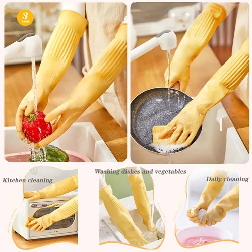 Vista 6 de 3 pares de guantes de 17.8 pulgadas de longitud con codo de goma reutilizables, impermeables, para limpieza del hogar y cocina, tamaño pequeño