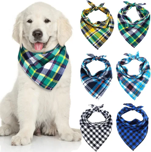 Vista 11 de Honoson 6 pañuelos triangulares para perro, bufanda para perro, bufanda con estampado a cuadros, baberos ajustables, lavables, juego de bandana