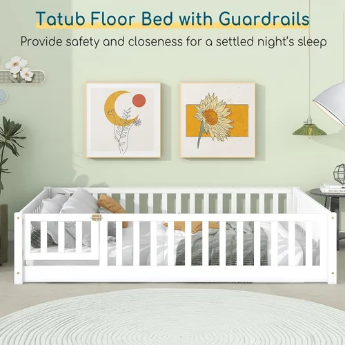 Vista 16 de Tatub Cama de suelo individual con rieles, puerta y listones, marco de cama Montessori de madera para niños y niñas, rosa