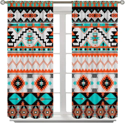 Vista 51 de Cortinas con patrón geométrico tribal, estilo suroeste, azteca, rústico, occidental, nativo americano, opacas, con bolsillo para barra, decoración