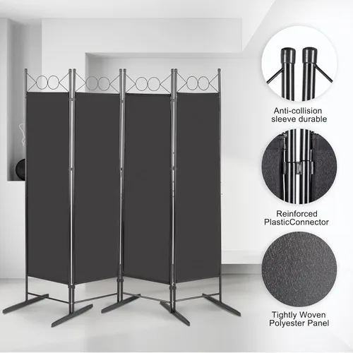 Vista 5 de Divisor de pared de 6 pies, 4 paneles, divisor de pantalla de habitación plegable para interiores, pantalla de división portátil con marco de acero