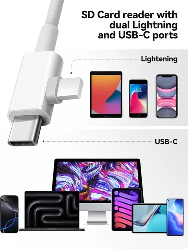 Vista 3 de Lector de tarjetas SD para iPhone, adaptador de tarjeta SD con conectores duales Lightning y USB C Plug&Play compatible con microSD, SD y USB-A OTG