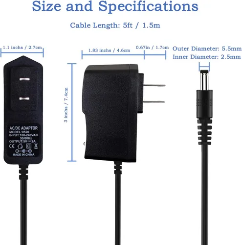 Vista 6 de Adaptador de corriente de 5 V 2 A con cable de alimentación de CC, convertidor de 100-240 V CA a CC 5 V 2 Amp, enchufe de 0.217 x 0.098 in/0.083 in